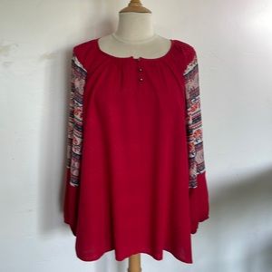 Style & Co. Red Boho Textured Rayon Long Sleeve Peasant Blouse